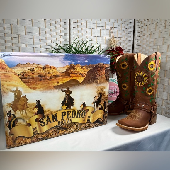 San Pedro Botas Shoes Nwt Womens Mexican Leather Boots Sunflowers Embroidered Boots 65